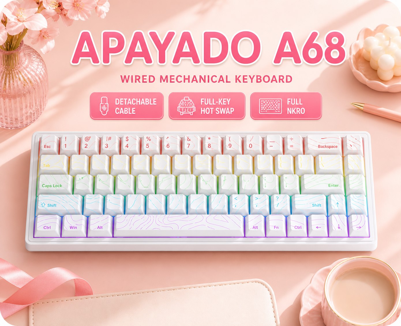Gaming Keyboard Blue Switches - Clavier mécanique filaire APAYADO A68, commutateurs